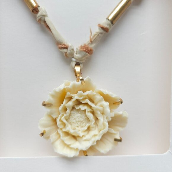 Zara Cream Floral Pendant Necklace With Gold Accents Knotted Fabric Cord - Picture 2 of 5
